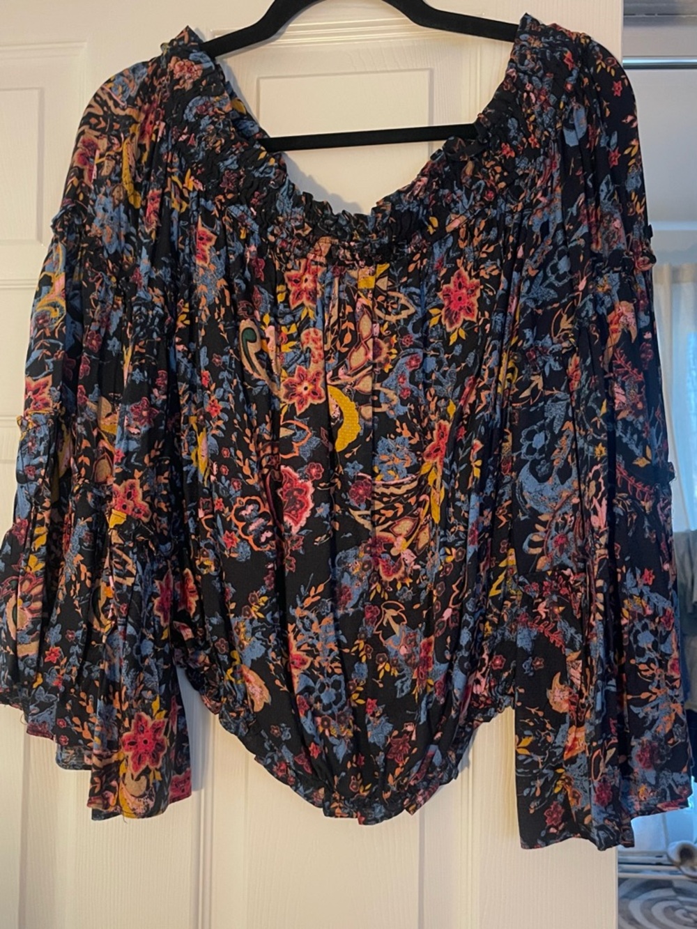 Free People Navy Floral Off-Shoulder Blouse with Bell Sleeves